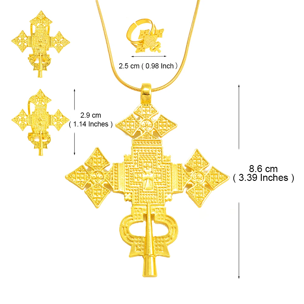 Yongkan Large Cross Ethiopian Eritrean Pendant Earring Set – Stainless Steel, 24K Gold Plated, Habesha Jewelry