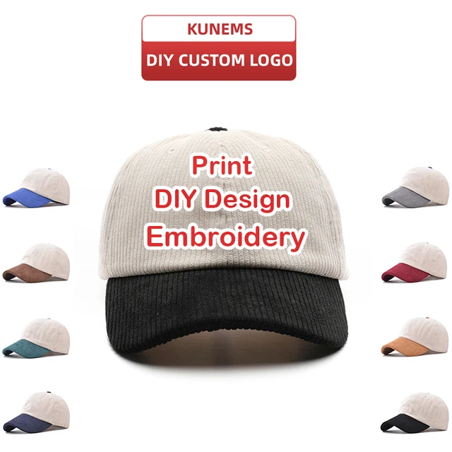 KUNEMS DIY Custom Baseball Cap for Men and Women Autumn and Winter Corduroy Patchwork Print Embroidery Hat Wholesale Unisex 1