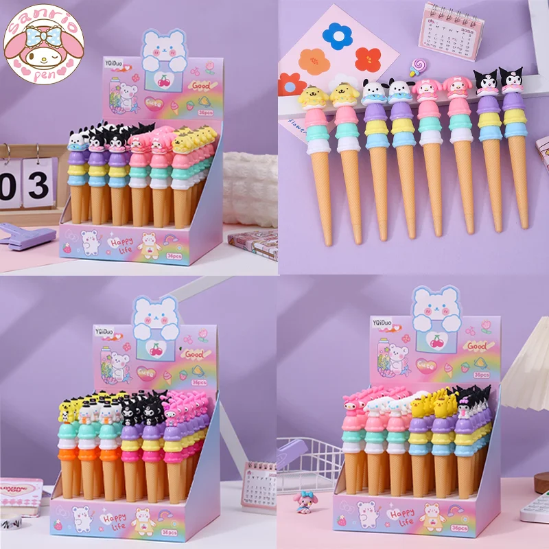 

Гелевая ручка Sanrio 36 шт., серия Kawai, мороженое, Kuromi понравико, ручка на водной основе с мультяшным рисунком для студентов, 0,5, черные маленькие свежие подарочные ручки для девочек