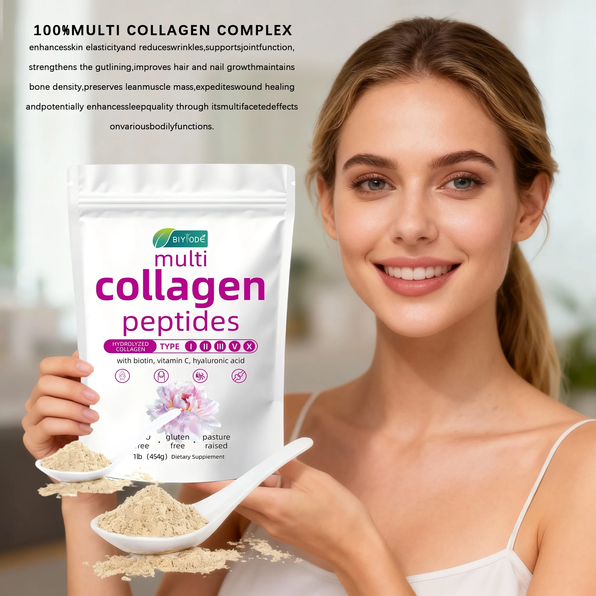 BIYODE Collagen Powder Supplement for Beauty & Health - Skin Hair Nails Strength454g