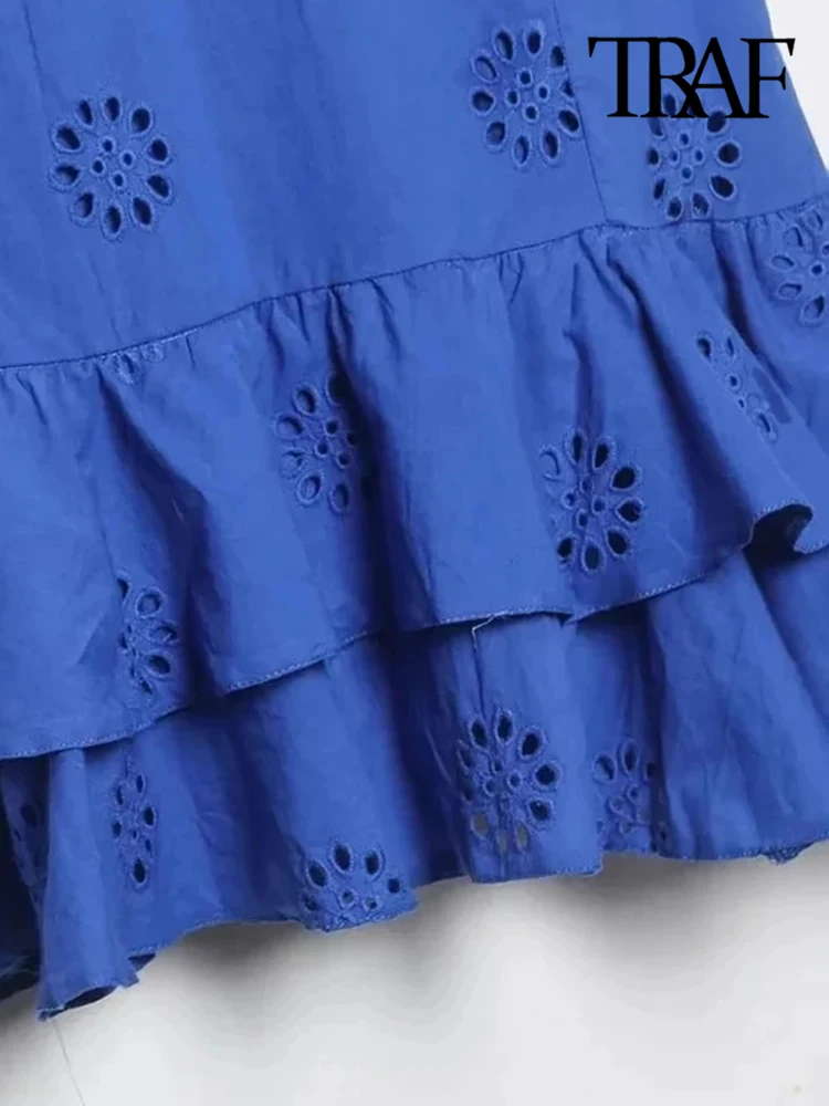 TRAF Women Fashion With Ruffled Cutwork Embroidery Mini Dress Vintage Backless Elastic Thin Straps Female Dresses Vestidos 4