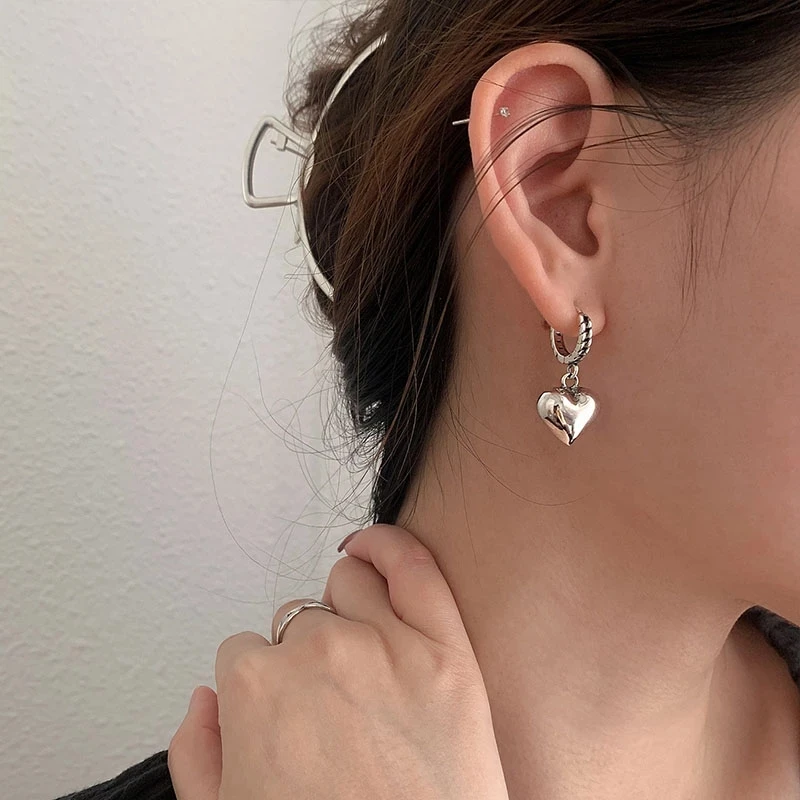 Women Earrings Vintage Letter Little Bear Love Heart Asymmetric Hoop Earrings Korean Geometric Metal Earring