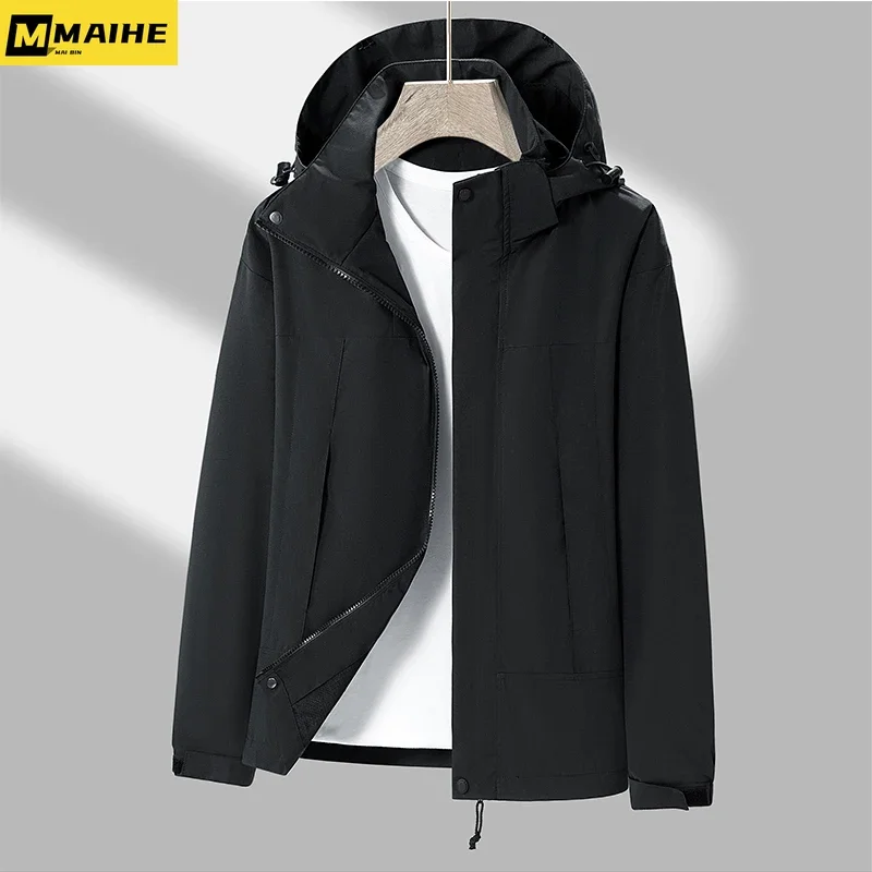 Autumn Men's Splicing Windbreaker Fashion Outdoor Hoodie Single Layer Thin Camping Mountaineering Jacket Men's Solid Color Coat