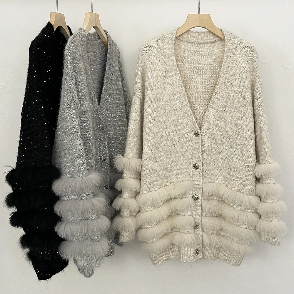 OFTBUY ريال فوكس الفراء زر سترة البلوز سترة الإناث جديد ربيع الخريف محبوك ملابس النساء فضفاضة كبيرة الحجم تريكو معطف