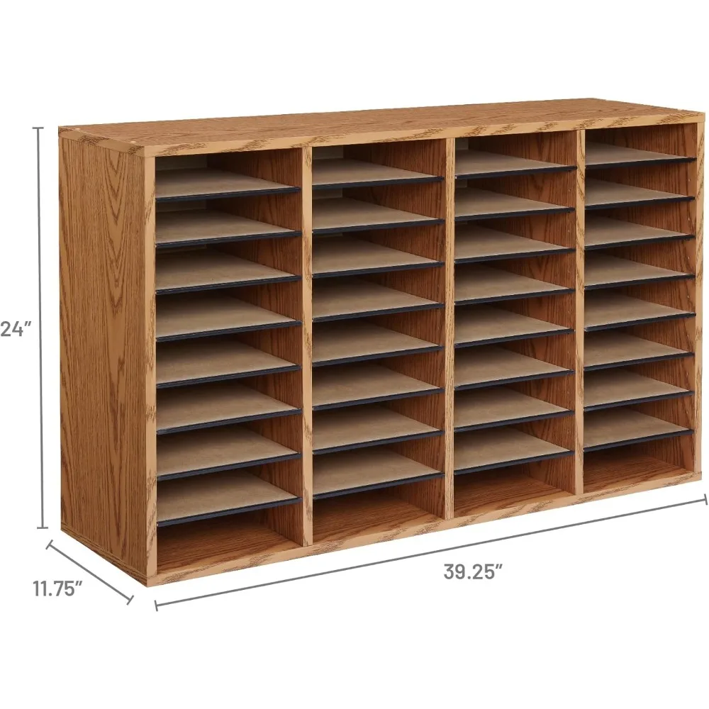Wooden Paper and Mail Organizer for Home Office and Classroom, Adjustable Shelves Stackable, 36 Compartments, Medium Oak