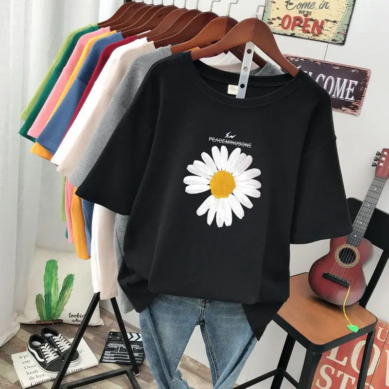 

Plus Size 6XL 150kg Summer Cotton T Shirt Short Sleeve O Neck Flower Tees Women Large Tops Oversized Tshirt
