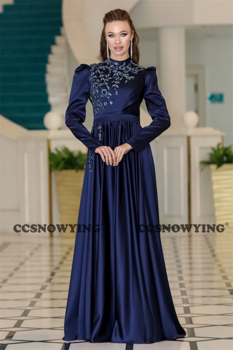 

Long Sleeve Muslim Evening Dress Satin Appliques Beaded Hijab Islamic Formal Party Gown Arabia Dubai Women Robe De Soiree