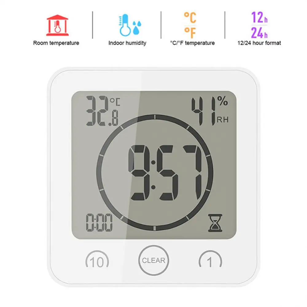

Smart Shower Wall Clock Waterproof Digital Temperature Humidity Display With Suction Cup Touch Screen Timer For Kitchen Bathroom