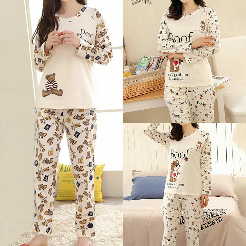 

Ladies Womens Pyjamas Pj Set Long Sleeve Top Cartoon Cute Bear Nightwear Lounge Wear Pyjama 2 Pieces Suit Fashion Homewear 2023