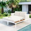 Outdoor sofa Patio Daybed with Wood Topped Side Spaces for Drinks, 2 in 1 Padded Chaise Lounges for Poolside, Balcony 1