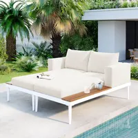 Outdoor sofa Patio Daybed with Wood Topped Side Spaces for Drinks, 2 in 1 Padded Chaise Lounges for Poolside, Balcony 1