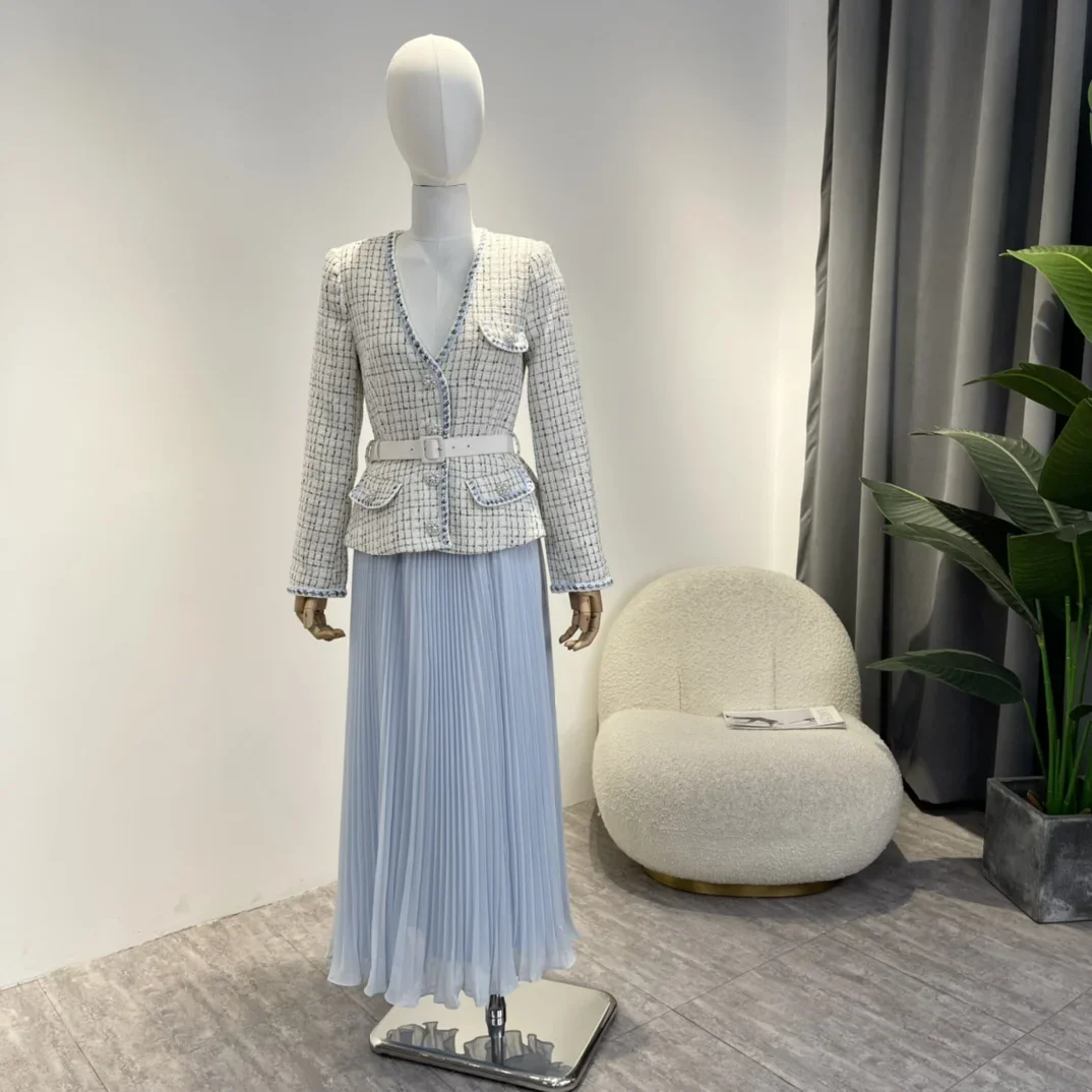 

Slim Dress for Women, New Design, Light Luxury, Buttons False, Elegant Clothes with Belt, Bird Lattice, Small Fragrance, 2022