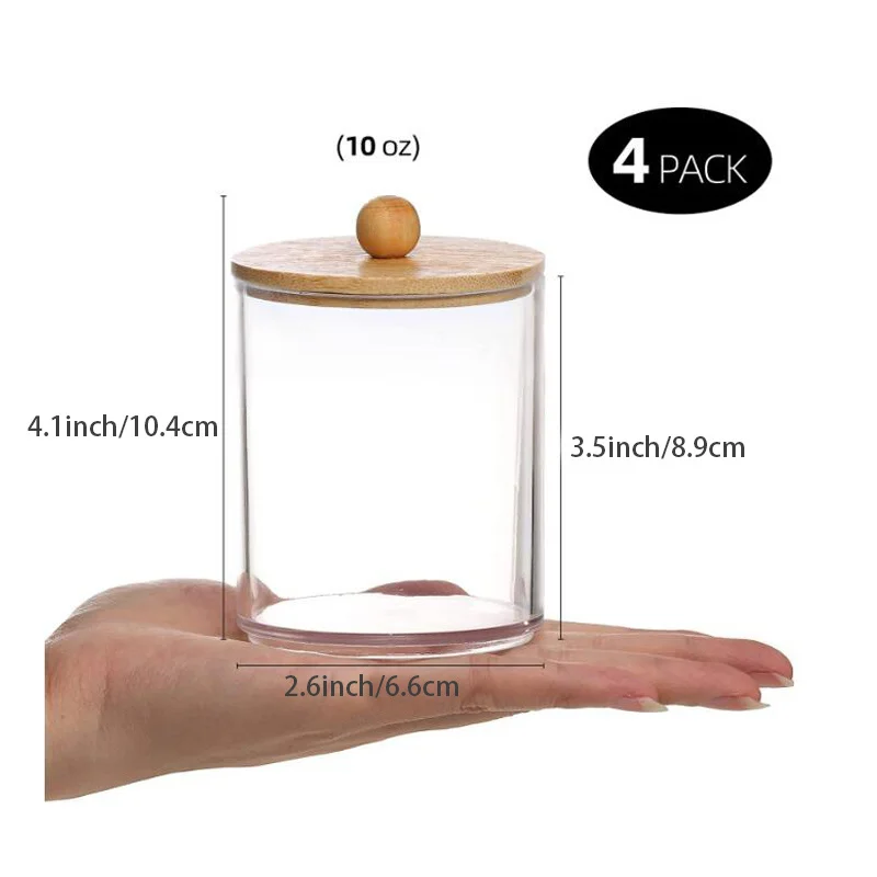 Qtip Holder Dispenser with Bamboo Lid 10 oz Clear Plastic Apothecary Jar Containers for Vanity Makeup Organizer Storage Bathroom 6
