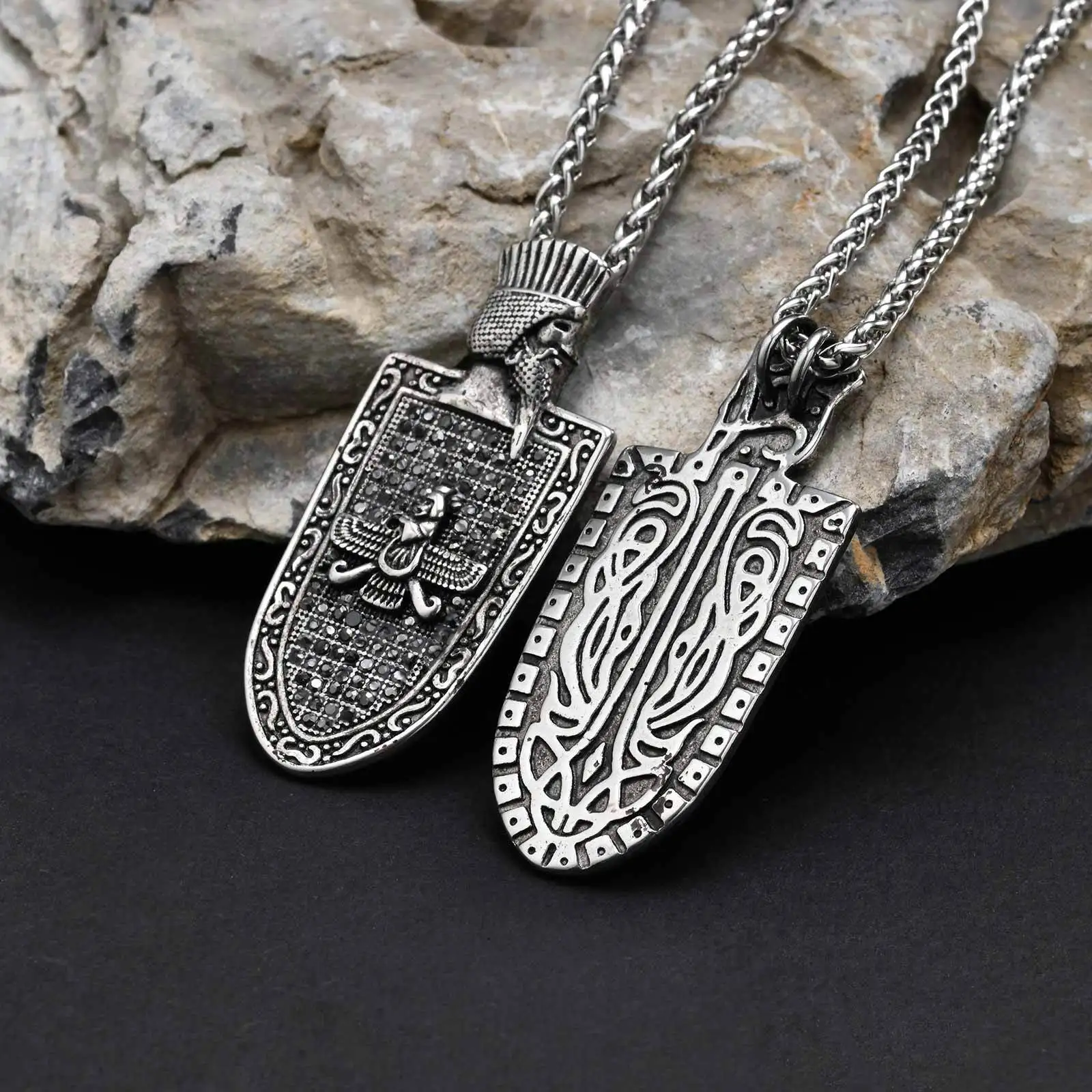 Men Zoroaster Zoroastrian Pendant Necklace,Stainlesss Steel Black Zircon Shield Pendant Necklace Gift
