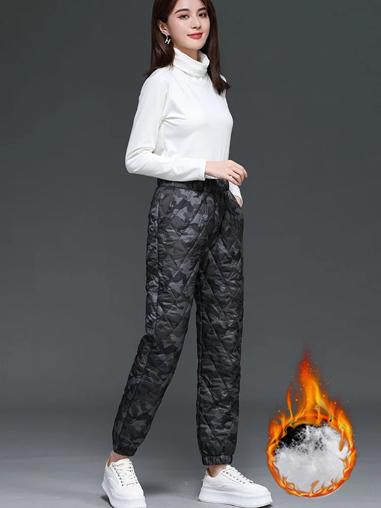 

Womens Down Cotton Super Harem Pants Warm Print Camouflage Pantalones Streetwear Elastic Waist Thicken 90cm Jogging Trousers New