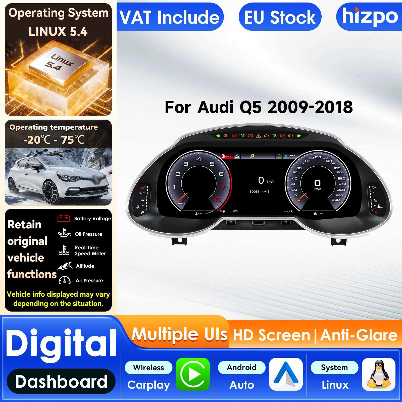 Panel de Instrumentos Digital LCD Hizpo de 12.3'' para Audi Q5 2009-2018, Velocímetro, Compatible con CarPlay y Android Auto 1