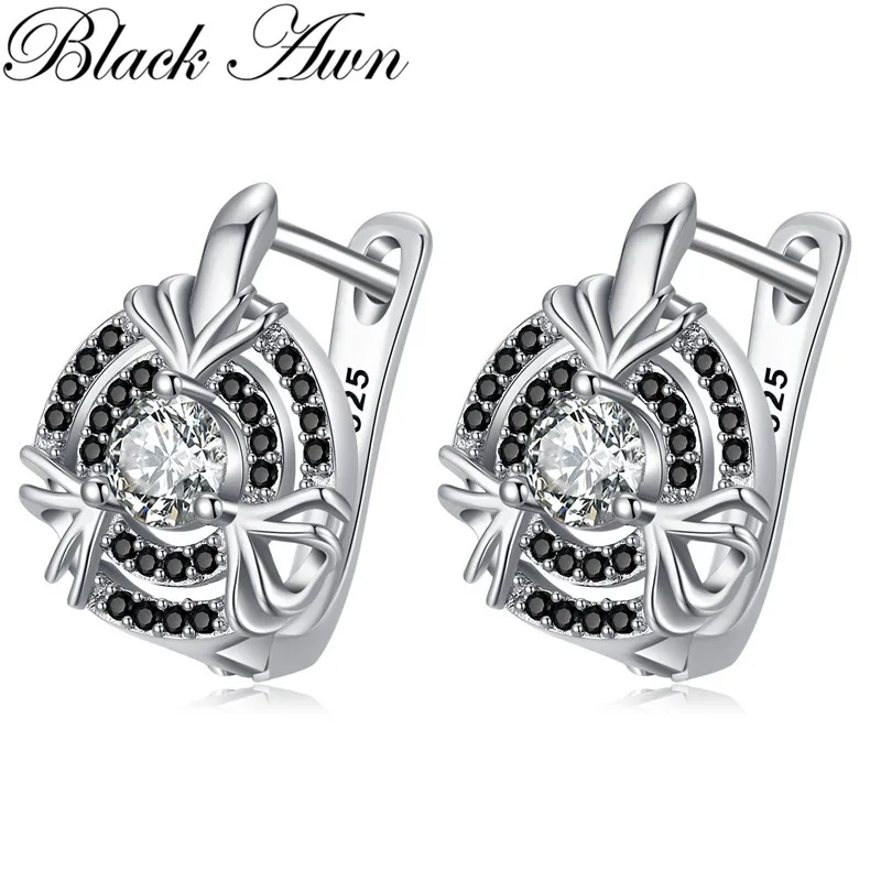 

Black Awn Hoop Earrings for Women Classic Silver Color Trendy Spinel Engagement Fashion Jewelry I248