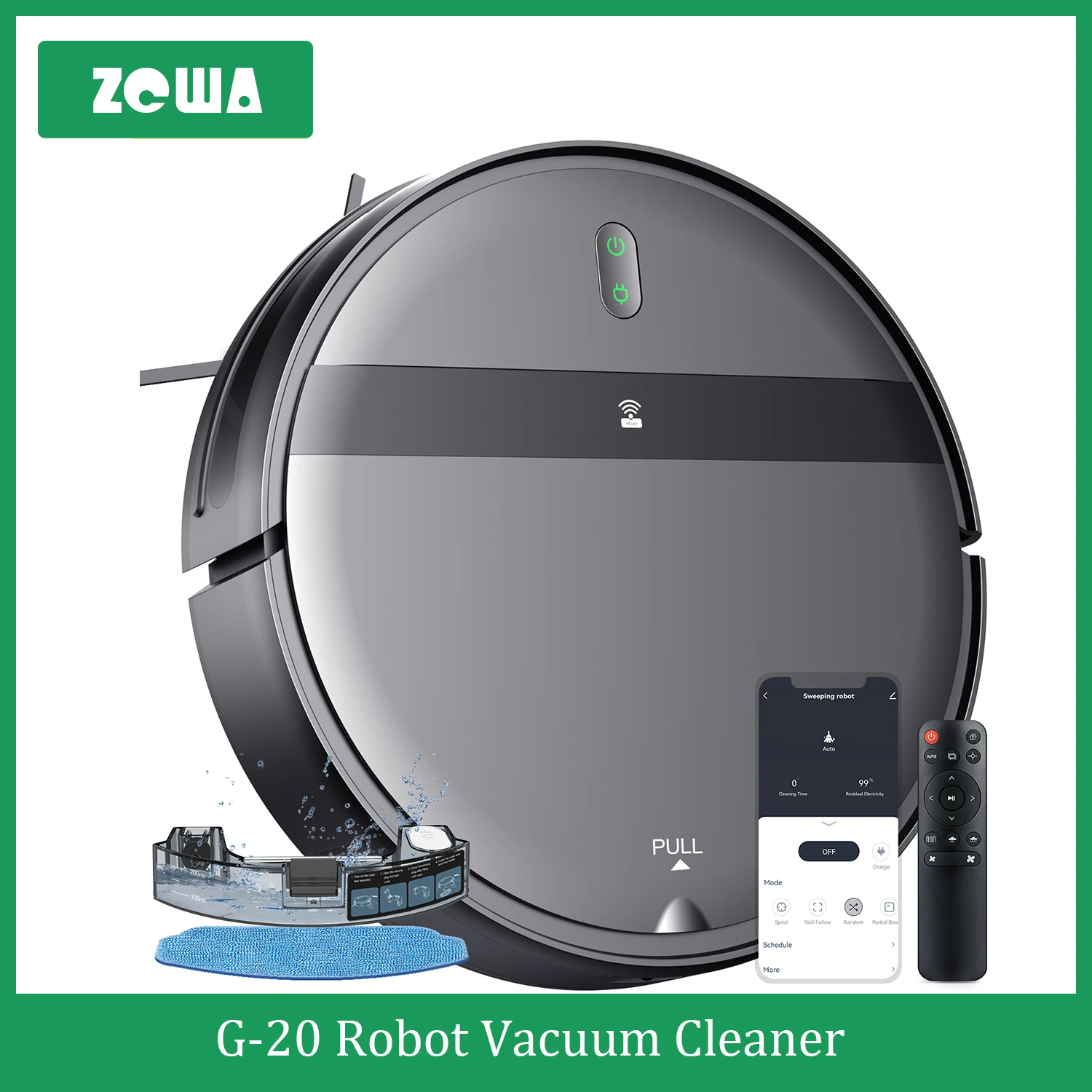 Robot Vacuum Cleaner ZCWA Auto Charging 1400Pa App Control Water Tank Wet Mopping