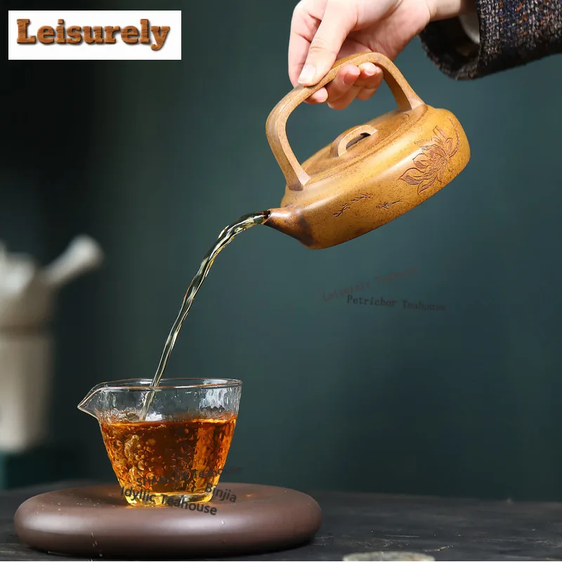 300ml Yixing Purple Clay Teapots Handmade Lifting Handle Pot Raw Ore Wood-fired Porcelain Mud Kettle With Strainer Zisha Tea Set