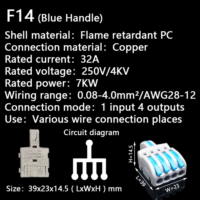 Mini Fast Wire Cable Connectors Universal Compact Conductor Spring Splicing Wiring Connector Push-in Terminal Block P421 F12 F14 (Blue Handle)