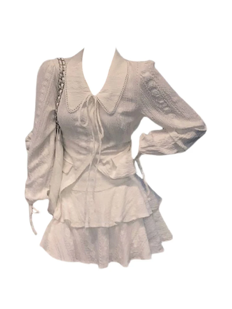 

French Elegance Women Slim Outfits 2 Piece Set Lapel Collar Office Lady Luxury Sweet Blouses+High Waist Pleated Skirt New Design