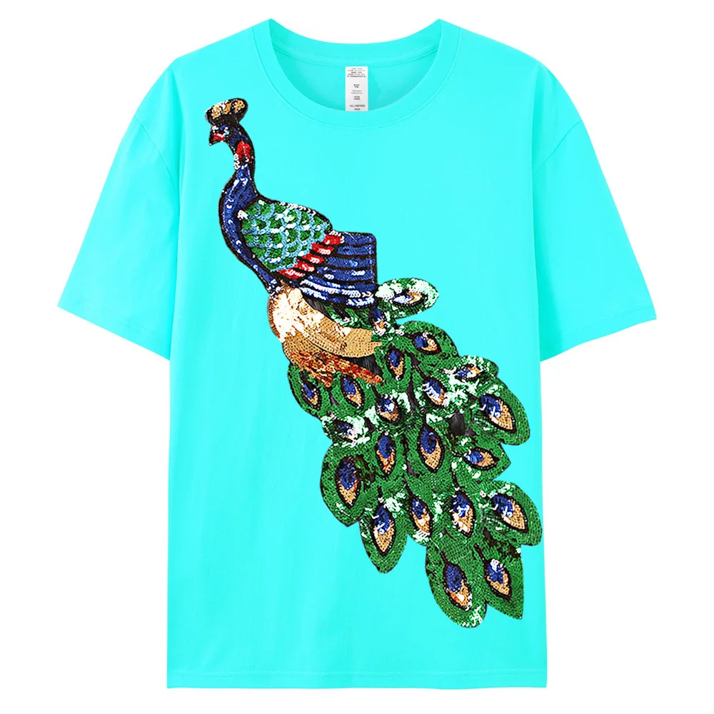 Women's Cotton T Shirts Short Sleeve Peacock Sequins Top For