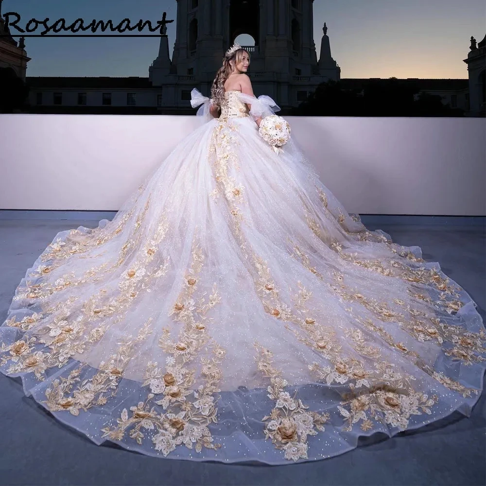 

Princess Off The Shoulder Crystal Ball Gown Quinceanera Dresses Gold 3D Flowers Appliques Lace Corset Vestidos De 15 Años