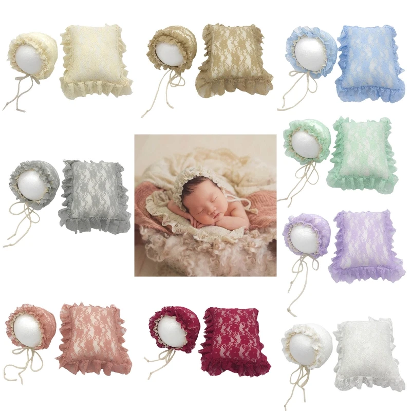 

2 Pcs/Set Newborn Photography Props Baby Infants Lace Hat Pillow Posing Aid Photo Shooting Outfits Accessories