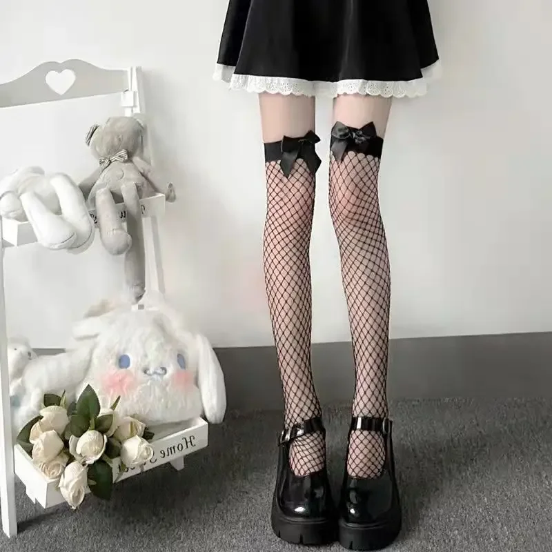 Fishnet Stockings Anime Stockings Women Sexy Bow Fishnet Stockings Thigh High Over Knee Socks Nylon Long Socks Punk Hosiery Anime Lolita Sweet JK Girls Costumes