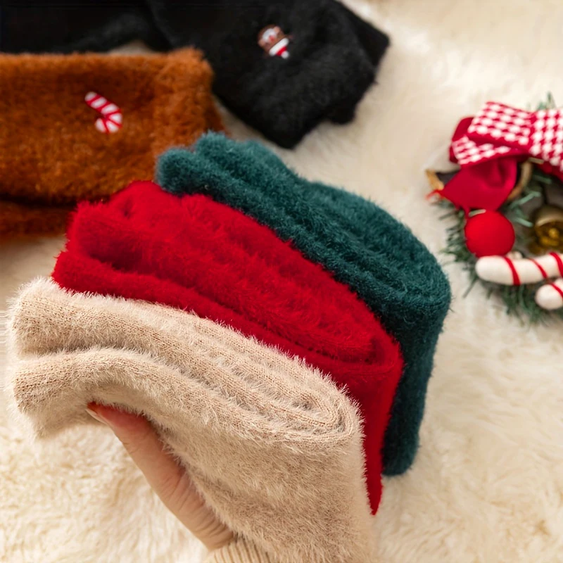 Cartoon Pattern Faux Mink Velvet Socks For Women Winter Soft Fleece Plush Warm Home Sleep Socks Christmas Furry Thermal Socks