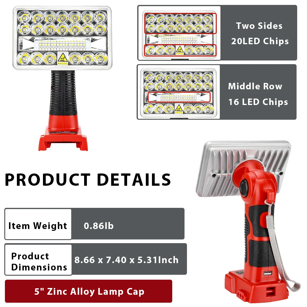 LED Work Light for Milwaukee M&18 18V Battery 18W 2000LM Portable Spotlight Floo