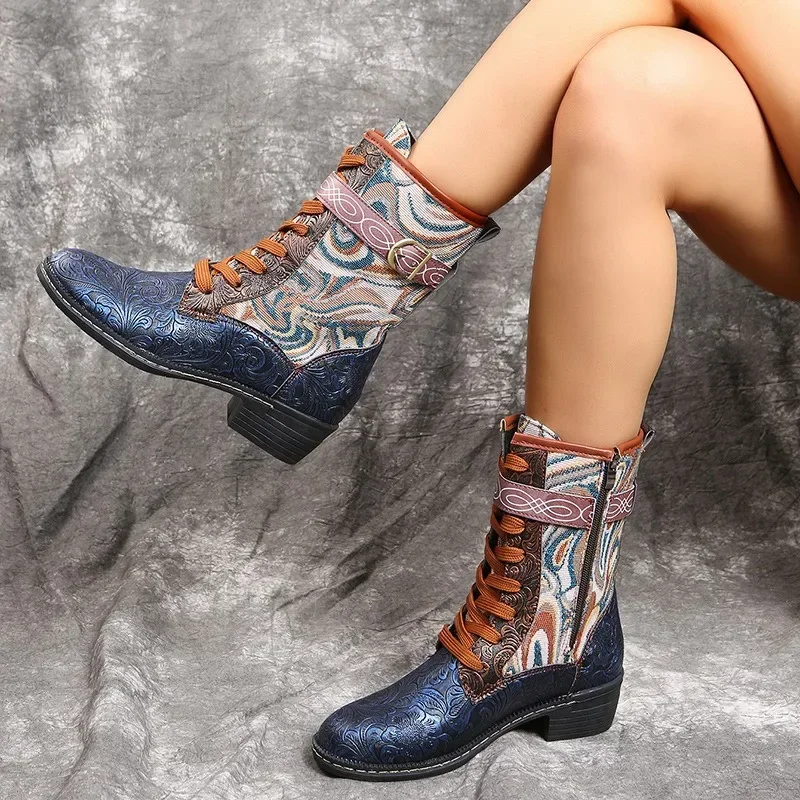 Women's Winter Boots Embossed Splicing Pattern Mid Calf Boots Ethnic Non-slip Lace-up Warm Plush Women Shoes Flats Short Boots