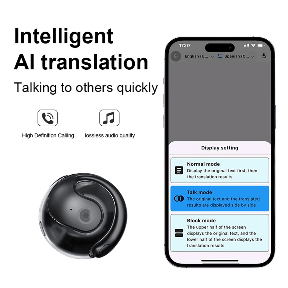 AI translation earbuds displayed on neutral background