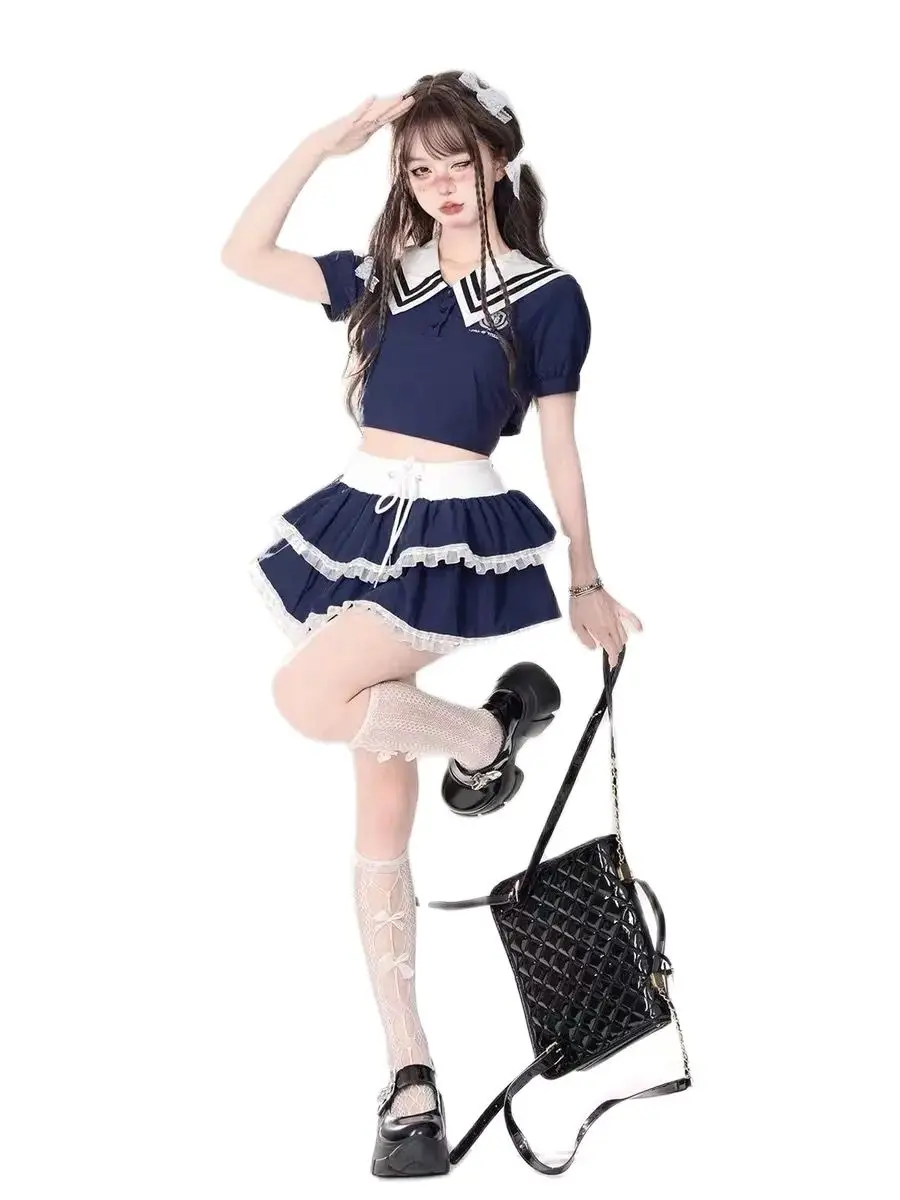 Japan Kawaii JK Cute Uniform Sailor Suit Summer Women Clothing Navy Neck Tie Up Bow Top High Waist Fluffy Short Skirt Girl New
