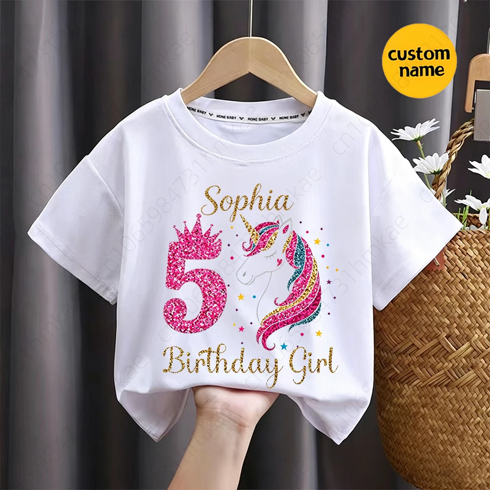 개인화 된 이름 소녀 유니콘 1-12 생일 티셔츠 소녀 파티 티셔츠 어린이 티셔츠  유니콘 의류 탑 티셔츠