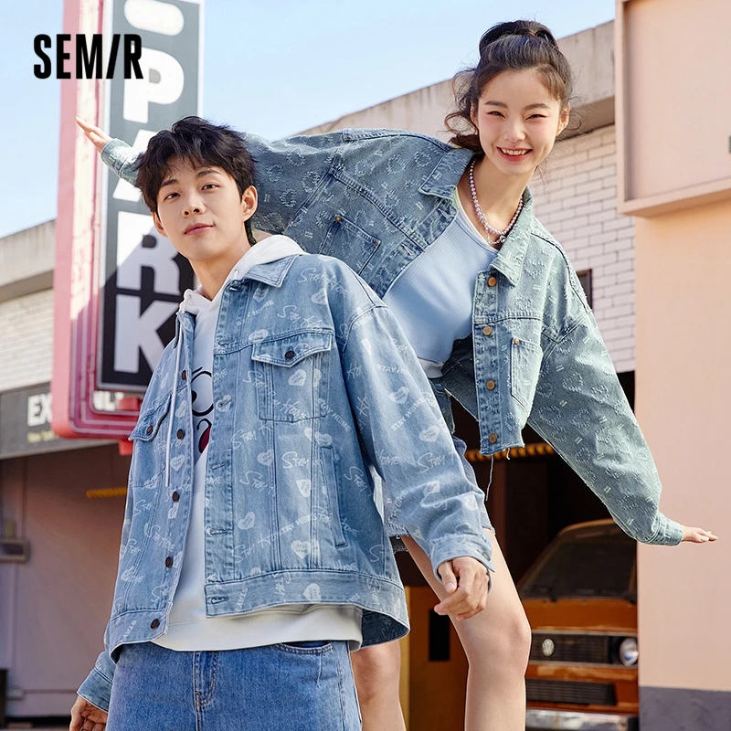 

Semir Denim Jacket Men Trend Letter Full Print 2022 Early Spring New Men'S Lapel Loose Shoulder Jacket Trend