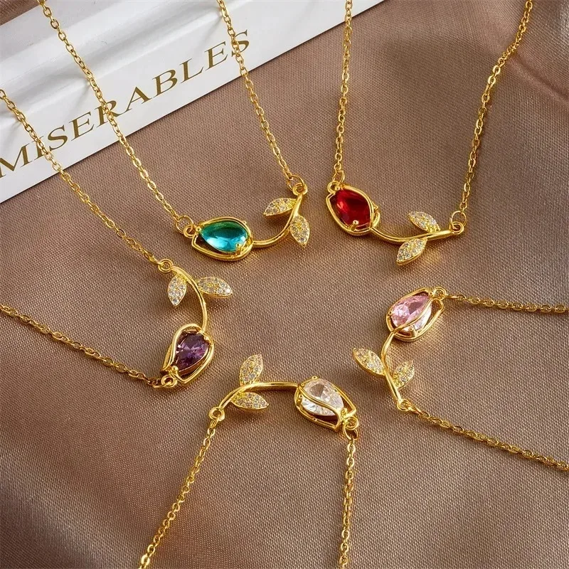 Elegant Colorful Zircon Tulip Flower Pendant Necklaces for Women Stainless Steel Chain Daily Jewelry Accessories Gifts