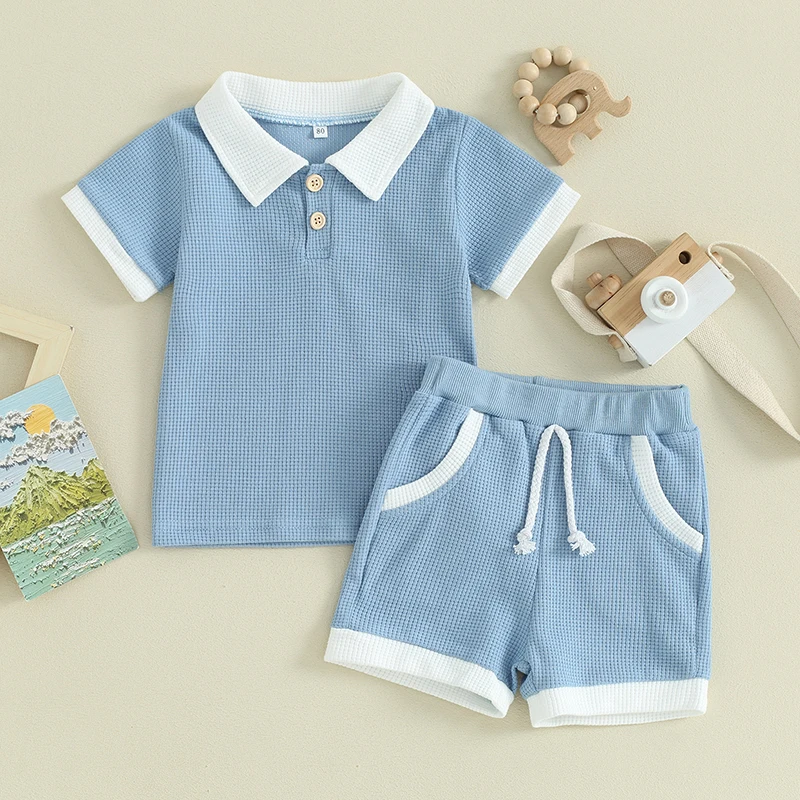 

Toddler Boys Summer Outfits Contrast Color Buttons Short Sleeve T-Shirts Waffle Tops Elastic Waist Shorts 2Pcs Clothes Set