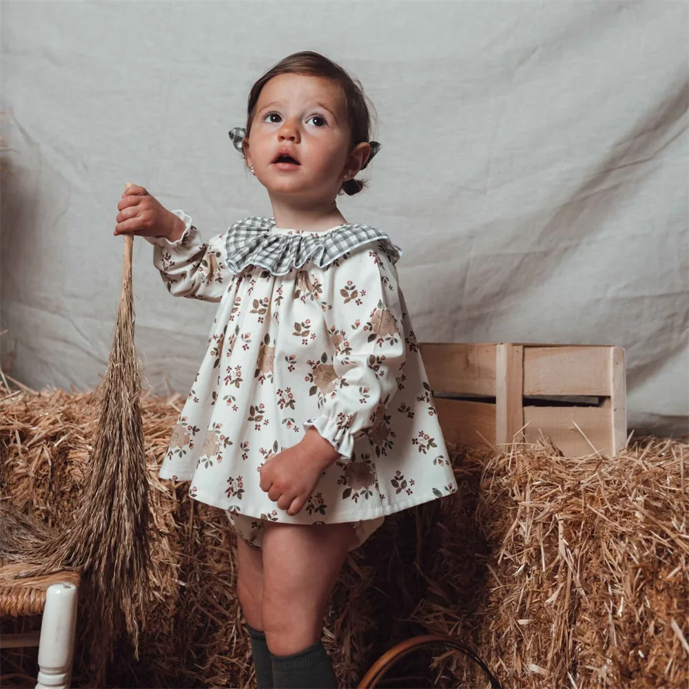 Baby Girl's Chic Rustic Floral Long Sleeve Blouse Autumn Vintage Loose Doll Collar Cute Printed Shirts Tops kids bottoming shirt women floral blouse