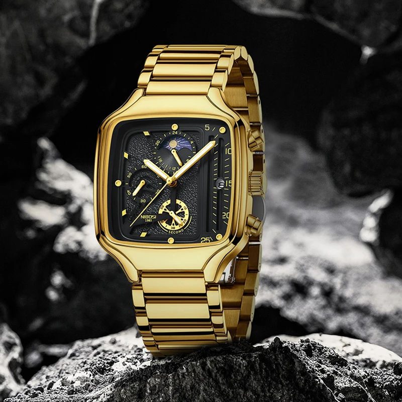 NIBOSI Brand Fashion Square Quartz Watch for Men Stainless Steel Waterproof Luxury Chronograph Watches Mens Relogio Masculino