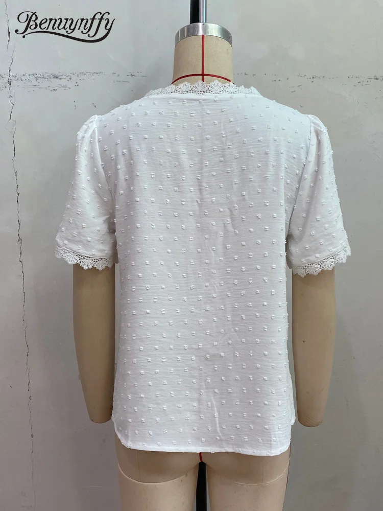 Benuynffy V-neck Lace Swiss Dot Solid Tops Blouse Women Fashion 2024 New Summer Short Sleeve Boho Sweet Casual Female Blouses