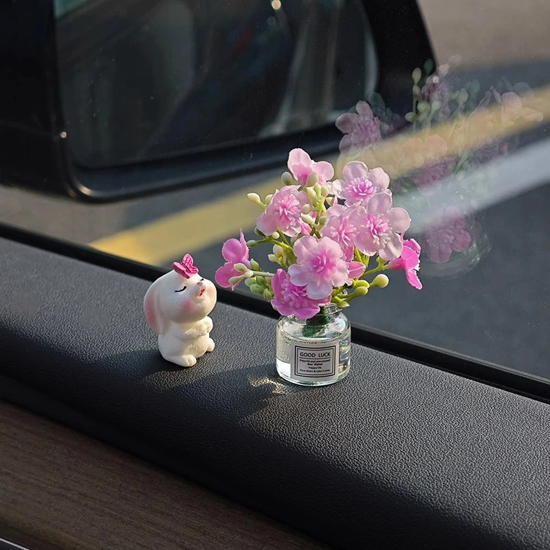 Charming Rose Flower Vase and Rabbit Car Decoration Ornaments