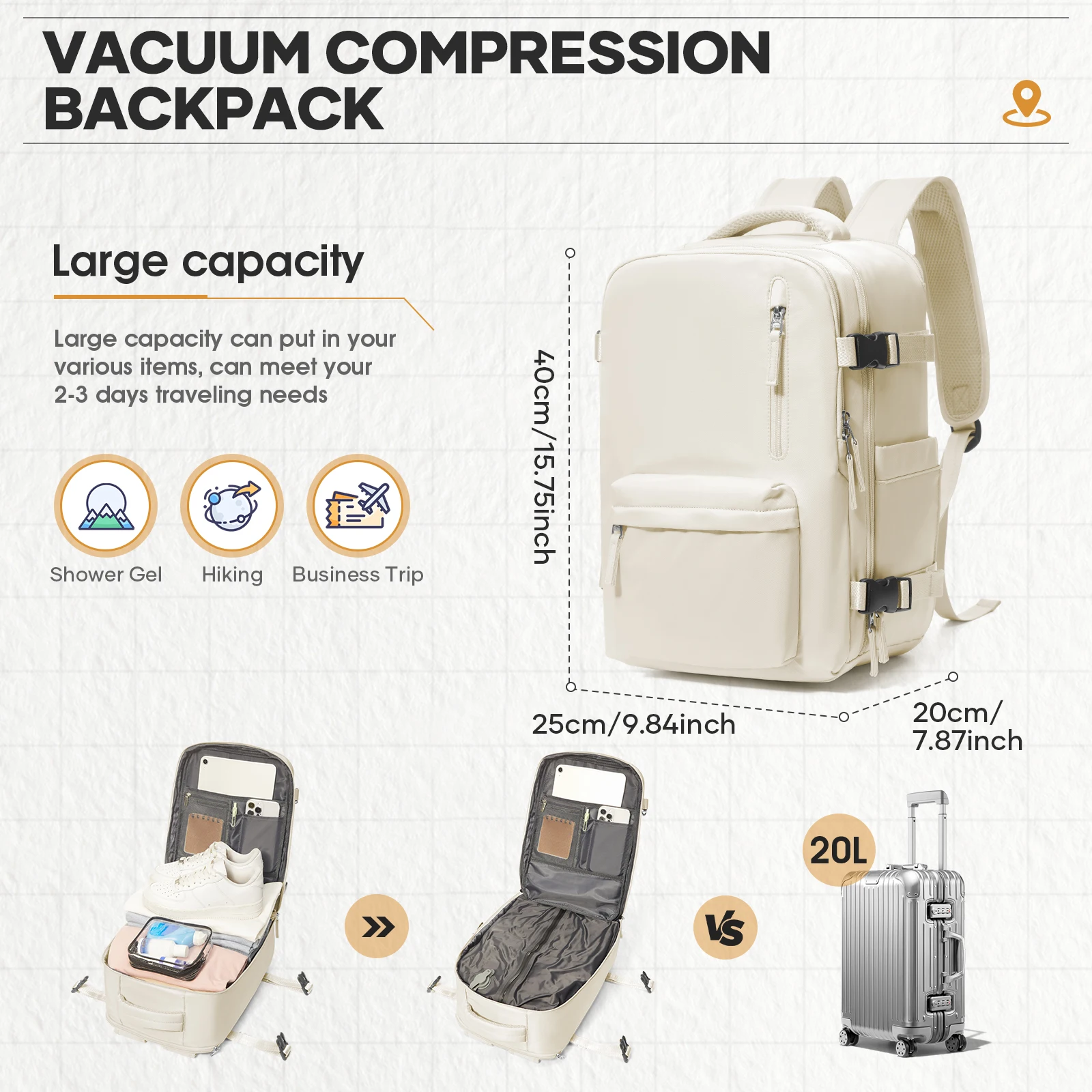 Ideal Short Distance Backpack Air Vacuum Compression Backpack no Pump, Cabin Airplane Ryanair 40x20x25 Travel Backpack, Daypack