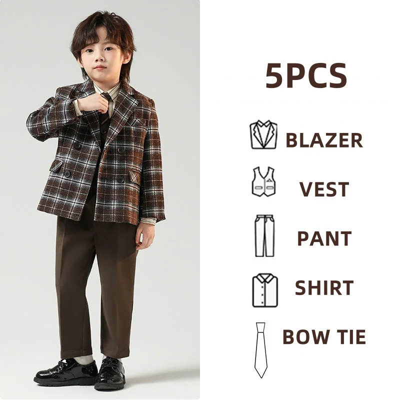 Kinder Jungen Herbst Winter Karierten Anzug Kinder Jungen Hochzeit Klavier Leistung Geburtstag Party Fotografie Kostüm Formale Blazer Anzug – Detail 14