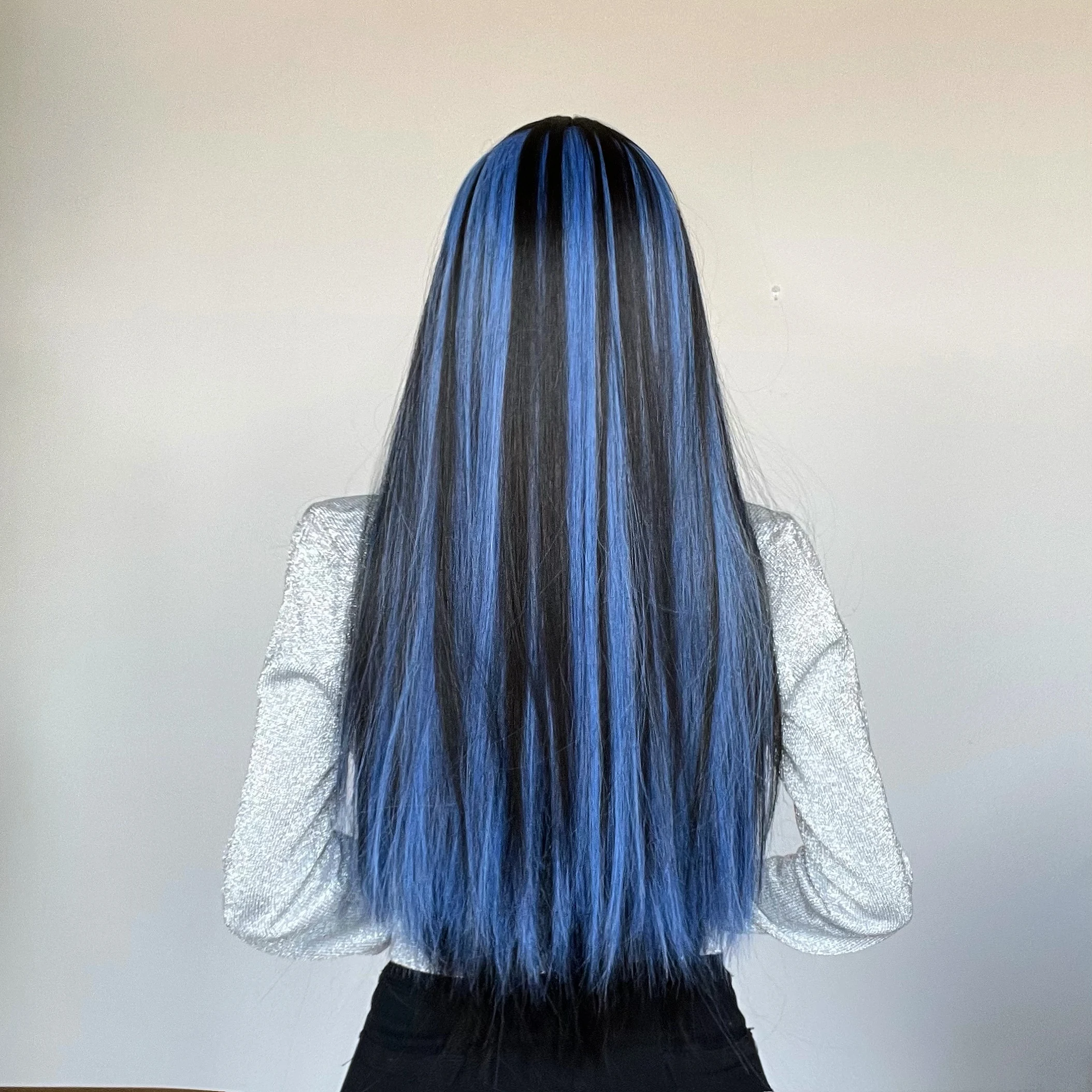 Long Straight Black Mixed Blue Synthetic Wigs with Bangs for 