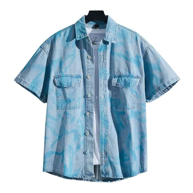 

2022 Summer New Men's 100% Cotton Short Sleeve Shirts Fashion High Street Tie Dye Personalized Denim Shirts Brand Men's Clothing