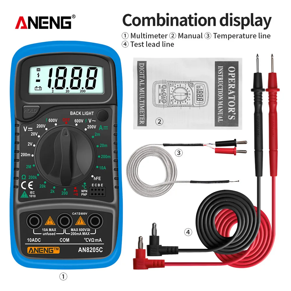 Digital Multimeter ANENG AN8205C Digital Tester AC/DC Ammeter Multimeter Volt Ohm Multimetro Meter With Thermocouple LCD Backlight Portable Tools