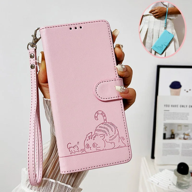 Charming Cartoon Cat Leather Wallet Phone Case with Flip Cover and Strap – Premium Protection and Style