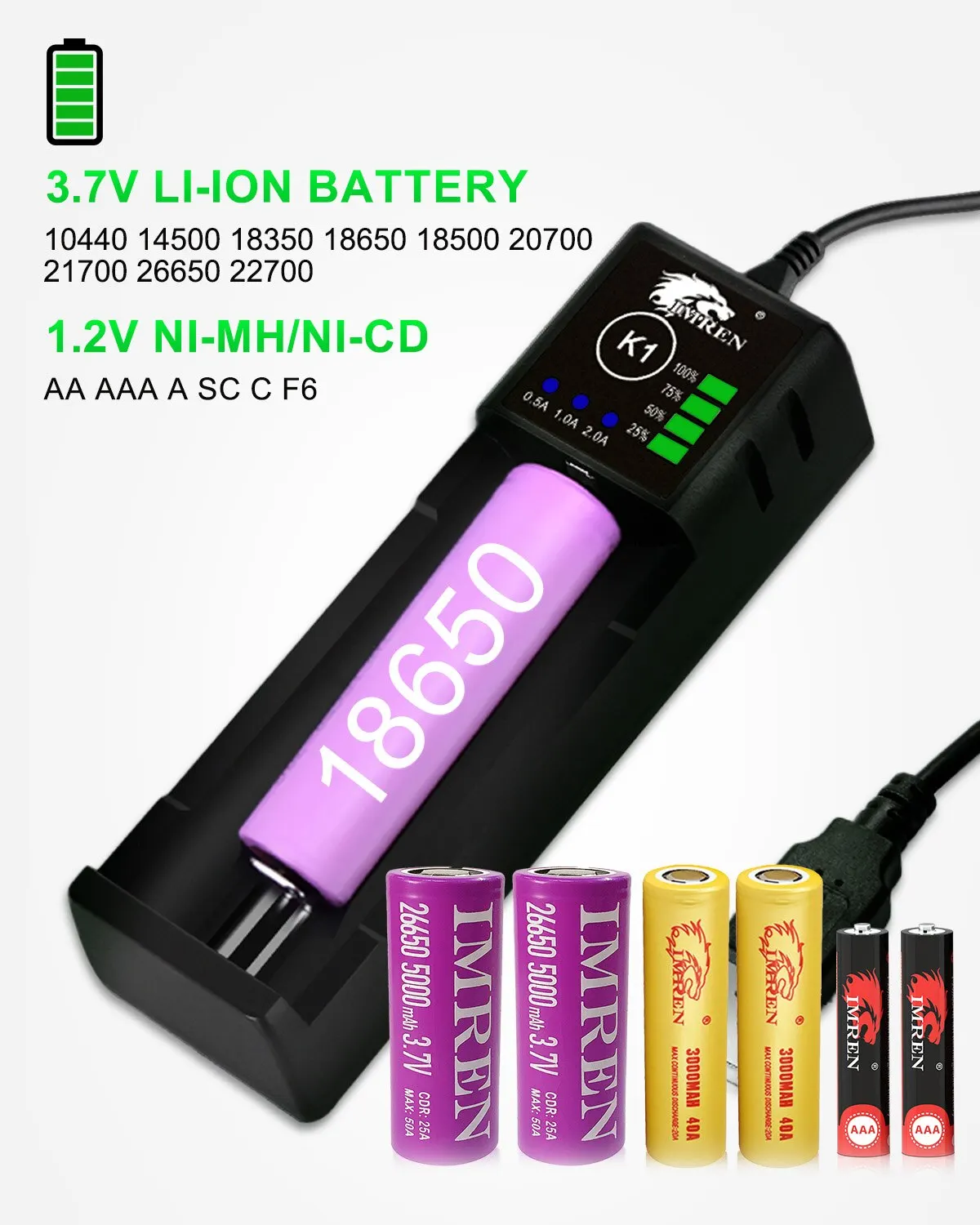 Chargeur de batterie intelligent universel pour 18650 18500 18350 17670  17500 16340 14500 10440 20700 21700 22650 26650 3.7v Li-ion Ni-mh Aaa Aa  Batterie. Chargeur