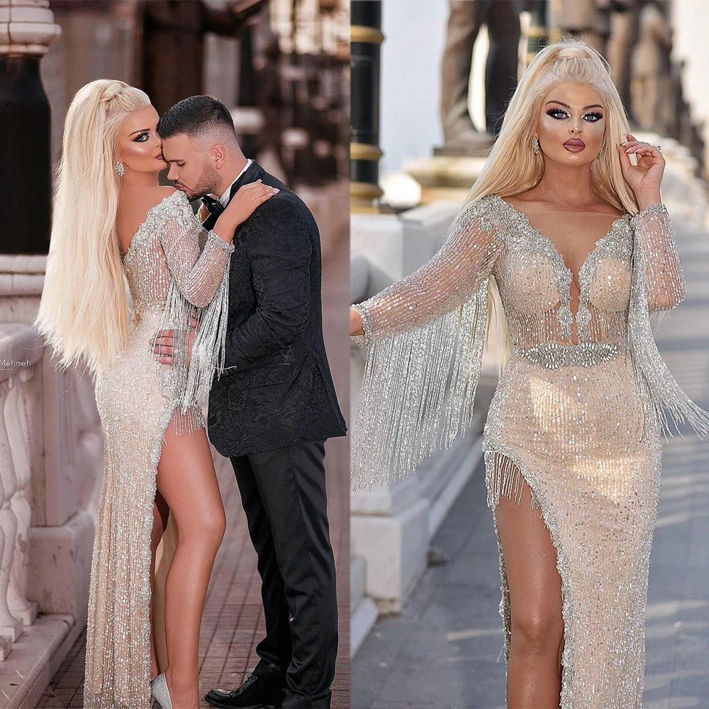 

Изящные Выпускные платья для женщин платье с блестками и бахромой облегающее платье с длинным рукавом с разрезом боковое платье юбка